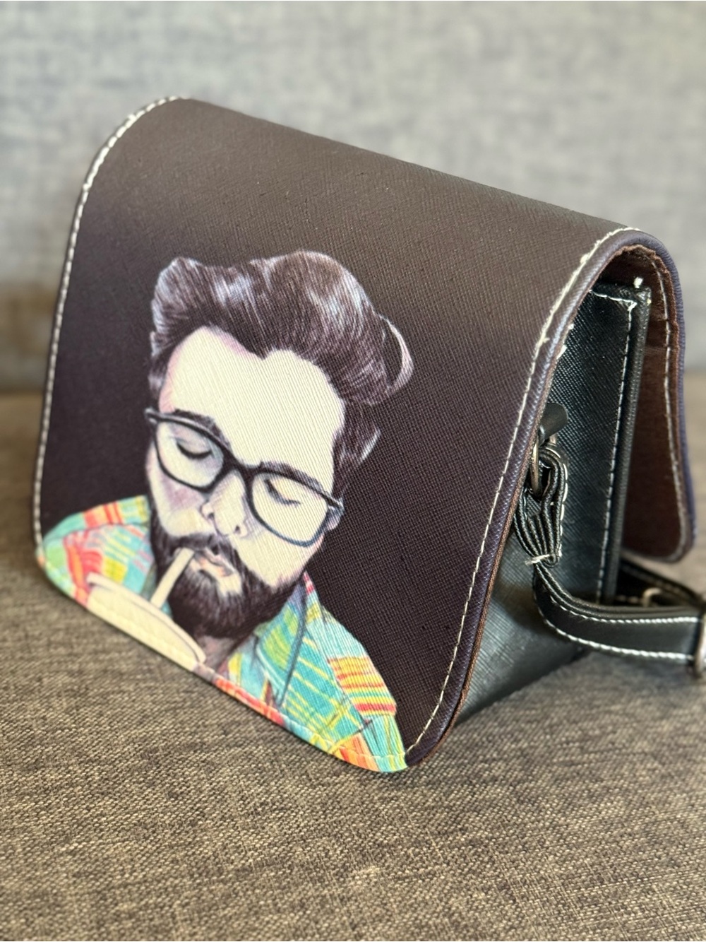 New Without Tag Black Crossbody Bag with Graphic Portrait Print - Picture 9 of 10